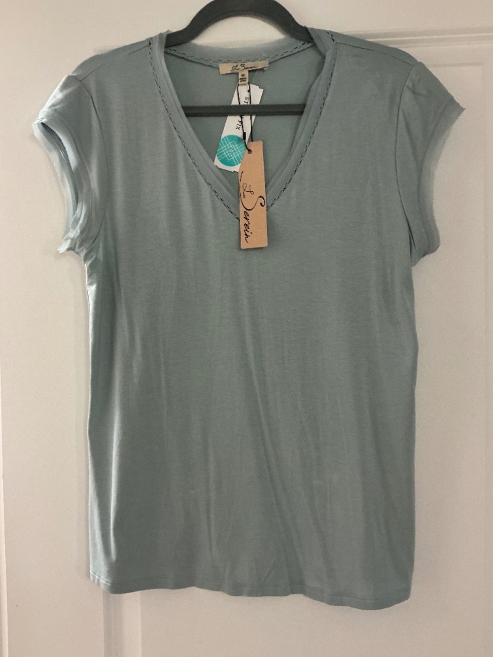 Les Serein SS Woven Neck Trim Knit op Mint - M NWT